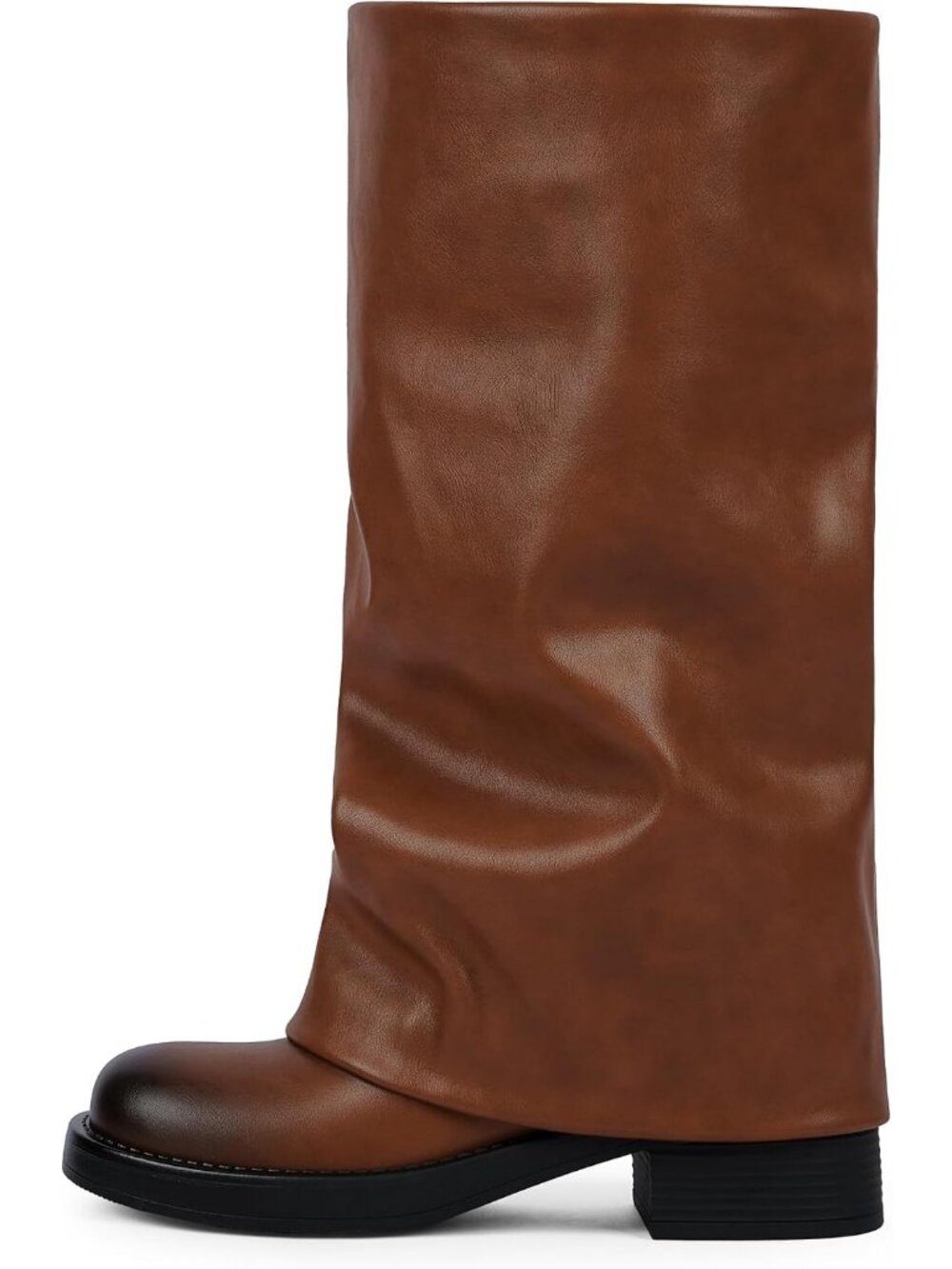 Women's Brown Chunky High Heels Long Zipper Pointed Toe Fold Over Knee High Boot